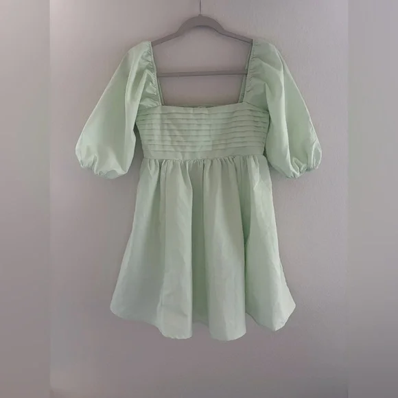Francesca’s Blue Rain Mint Green Puff Sleeve Babydoll Dress NWT - Picture 3 of 7